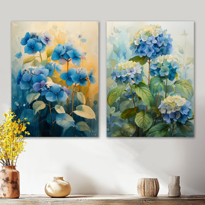 «Blue Green Blooming Garden Hydrangea I - Nature», reproduction d'art en métal 2 pièces