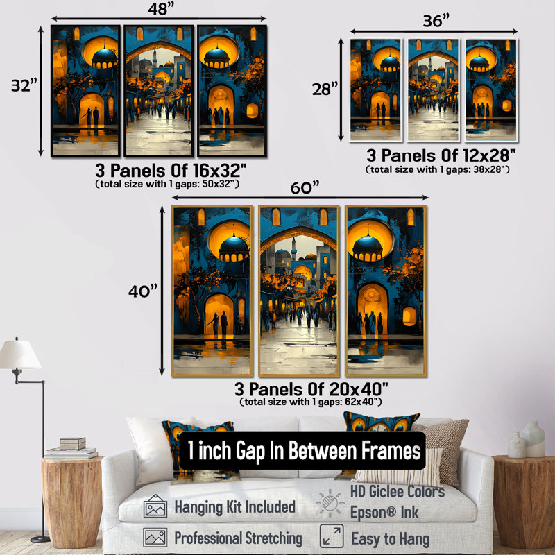 Ensemble de décorations murales bleues et jaunes, Grand Bazar I, Toile avec cadre flottant noir, H 28 po x l 36 po x P 1 po