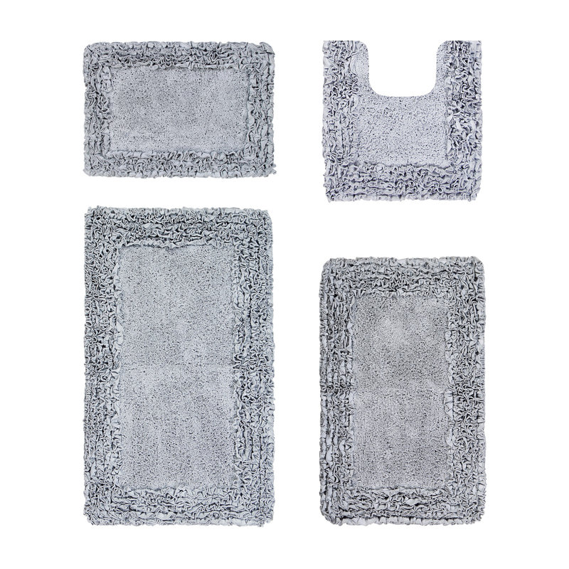 Courson Premium 100% Cotton 1775 GSM 4-Piece Bath Rug Set, OEKO-TEX® Certified, Non-Slip Spray Latex Backing, Plush Tufted Ruffle Pattern, Super Absorbent, Machine Washable Bathroom Rugs, Silver