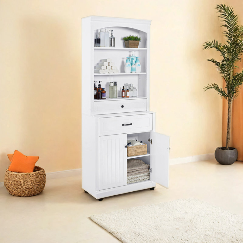 Armoire de rangement blanche avec quatre portes, tiroirs, tablettes réglables et six tablettes ouvertes blanches
