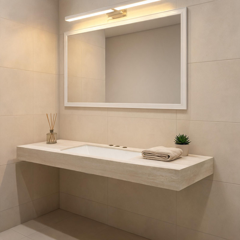 Comptoir en pierre frittée de 48 pouces, motif travertin beige Roma, avec lavabo en céramique encastrée et trois trous prépercés pour robinetterie standard.