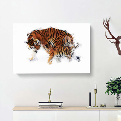 Mother Tiger & Cub In Winter In Abstract - Wrapped Canvas