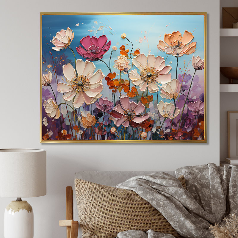 «White Morning Glory Flower Field I» sur toile, Cadre flottant doré, H 34 po x l 44 po