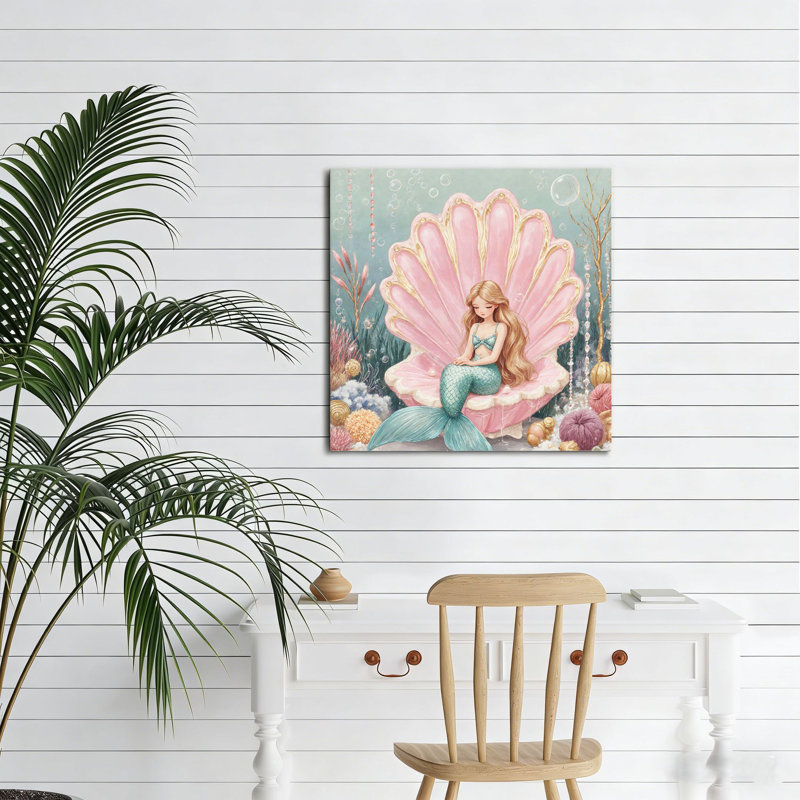 «Mermaid In Shell», art mural encastré en bois 16 x 16 po