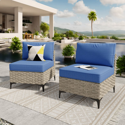 Outdoor PE Wicker Armless Sectional Sofa Chair with Cushions (Set of 2)