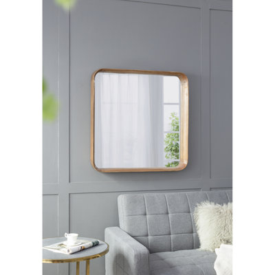 Wood Frame Mirror 32"X32" - Living Room, Bathroom, Entryway. Gorgeous Minimalist, Curved Edges. 29.9"X29.9" Mirror, 50% Pine Wood, 25% 19.6Lbs, Brown Wall With 32"X32", Minimalist Design For Soft