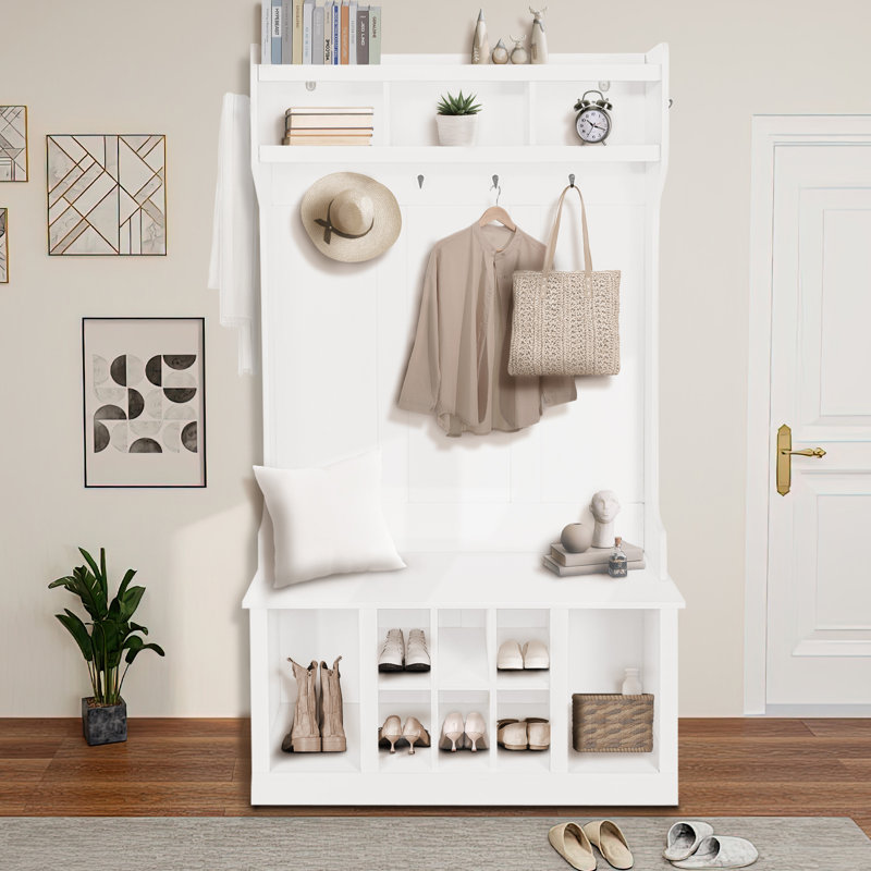 Hall Tree 38.19'' Wide with Bench and Shoe Storage, White