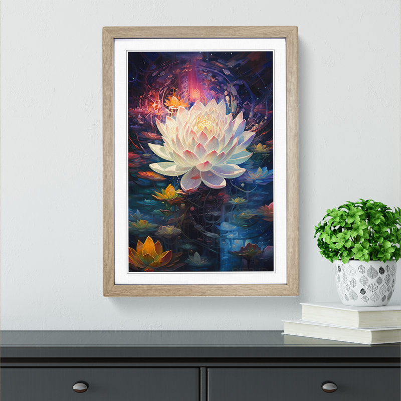 Lotus Flower Futurism - Single Picture Frame Print on Wood, 34cm H x 25cm W x 2cm D, Oak Framed