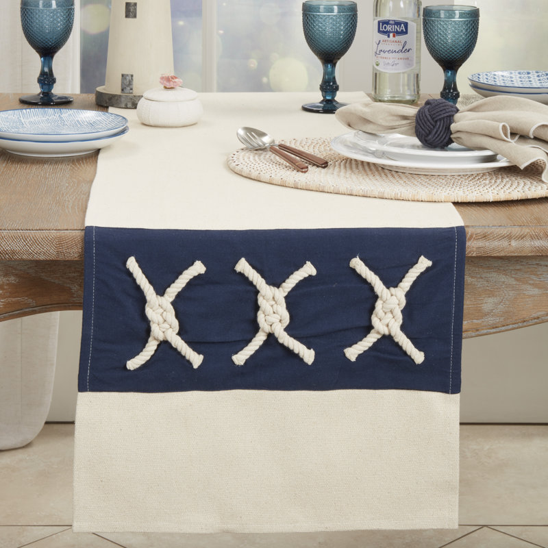 Nautical Blue and Beige Cotton Table Runner with Rope Knots