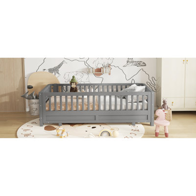 Lit plateforme simple TG avec garde-corps, structure de lit simple TG en bois massif, peut être converti en grand lit plateforme, gris