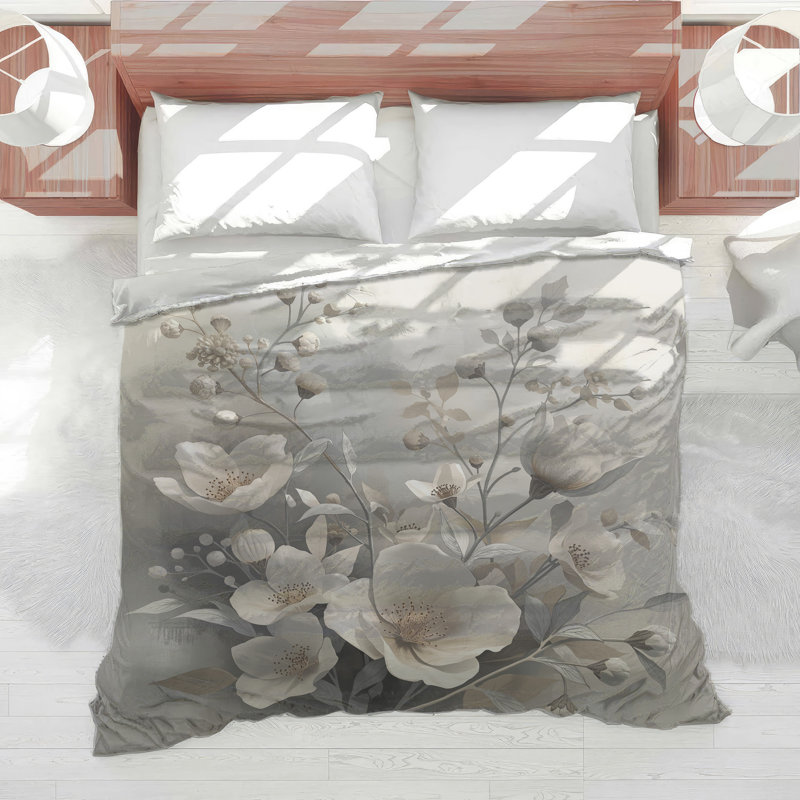 Édredon blanc beige et fleurs, Simple extra long