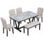 Table de salle à manger de style moderne 6 pièces avec 4 chaises et 1 banc, table avec placages marbrés et pieds en V