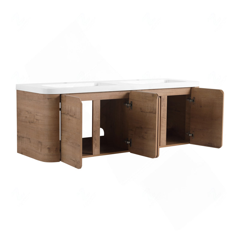 Meuble-lavabo mural 60 po en faux contreplaqué avec lavabo en résine blanche et 4 portes à fermeture en douceur