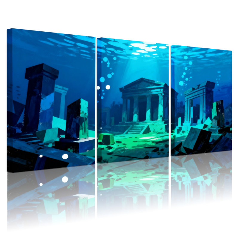 Nautique et plage, ruines sous-marines, temple antique, ensemble de 3 impressions d'art sur toile, H 18 po x l 36 po