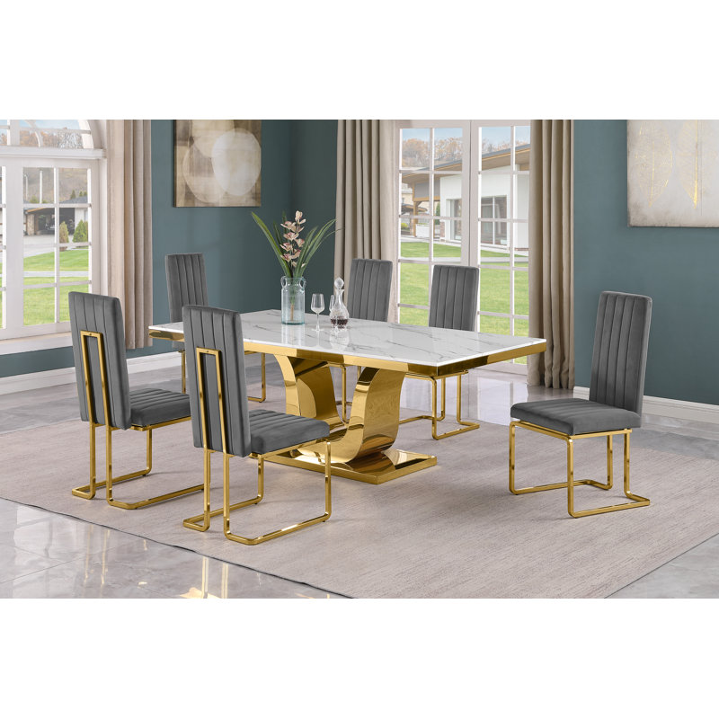 Zamanta Marble Top Pedestal Dining Set, Gray/Gold, 7