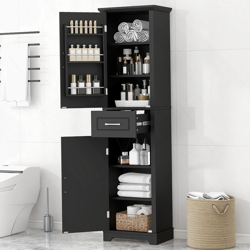Grande armoire de rangement pour salle de bain, armoire de rangement autoportante avec deux portes et tablettes réglables, conception à étagère de porte, panneau de fibres à densité moyenne avec finition peinte, noir