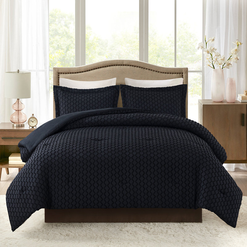Vintage Ring Stitch Comforter, King Comforter + 2 King Shams, Black