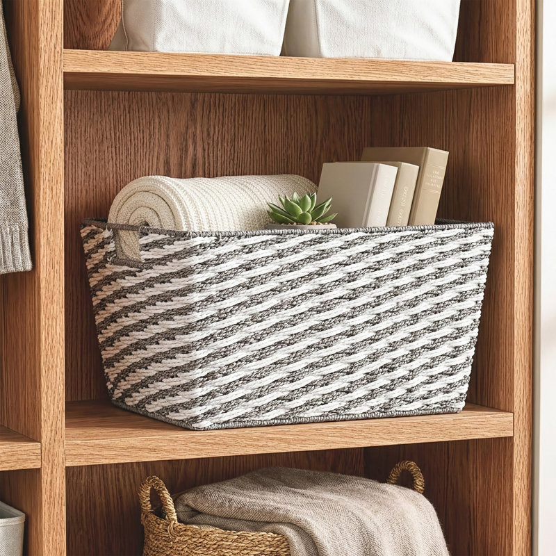  Medium Striped Woven Basket In Grey, 10" H x 12.9" W x 14.9" D, Gray