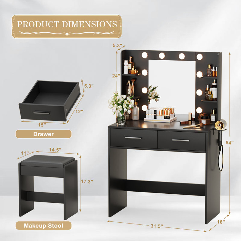 Coiffeuse de maquillage avec fauteuil, lumières réglables, prise de courant et miroir, Noir, Oui
