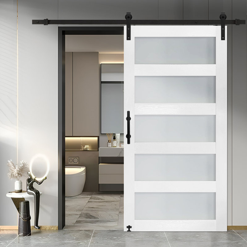 Glass Sliding MDF Barn Sliding Door Hardware Kit, Tempered Frosted Glass, Simple DIY Assembly, 42" x 84"