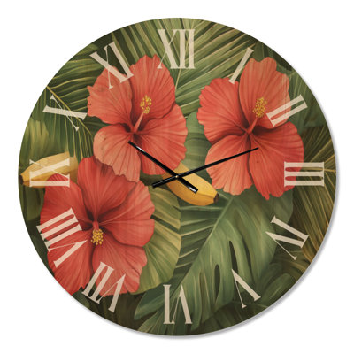 Très grande horloge murale en bois floral - Hibiscus tropical et palmiers