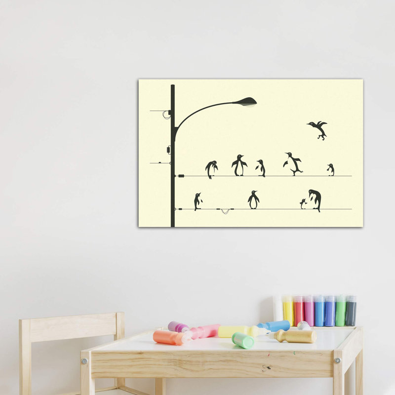 «Penguins on a Wire», art encadré, H 32 po x l 48 po x P 1,5 po, Toile tendue