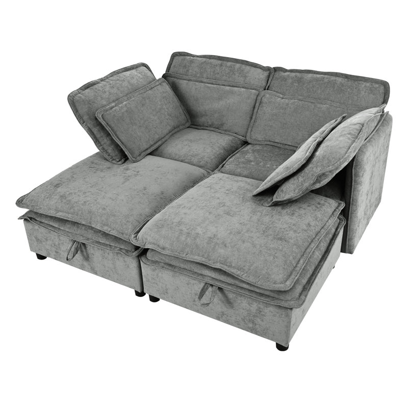 Modulaire avec coussins à double couche et rangement, 4, gris, pour salon, bureau, appartement, facile à assembler. Tissu. Mousse + bourre en coton PP. Structure en pin et contreplaqué.
