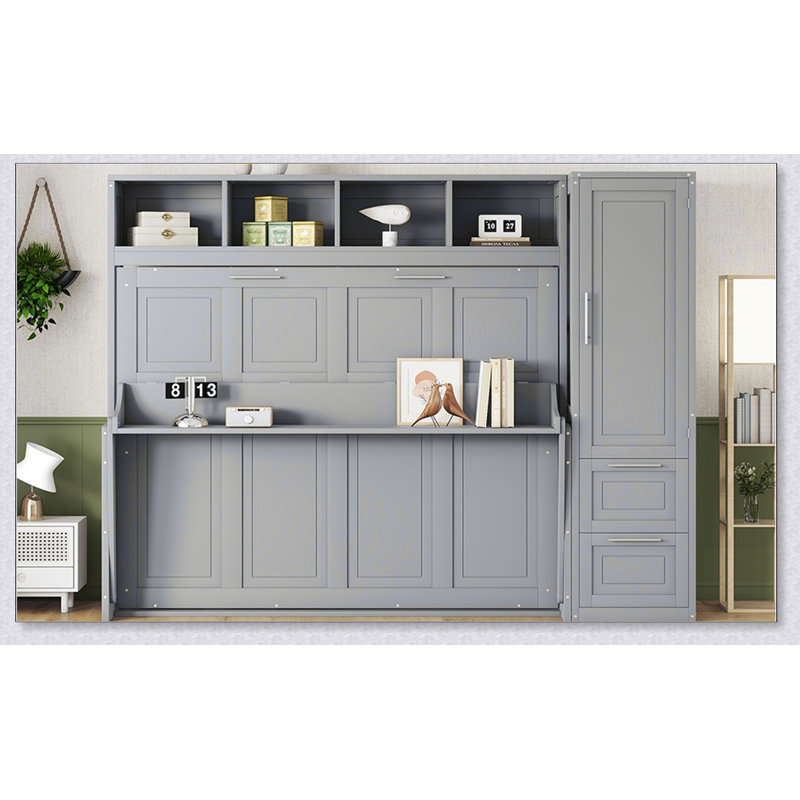 Lit escamotable Murphy avec placard et tiroirs, Gris, Queen