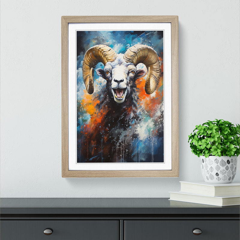Ram Sheep Action Painting - Single Picture Frame Print on Wood, Oak Framed, 34cm H x 25cm W x 2cm D