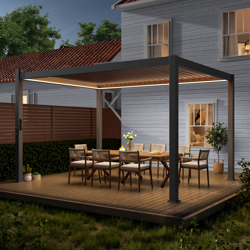 Patio Louvered Aluminum Pergola with Solar LED, 10 Ft. x 13 Ft.	, Dark Gray