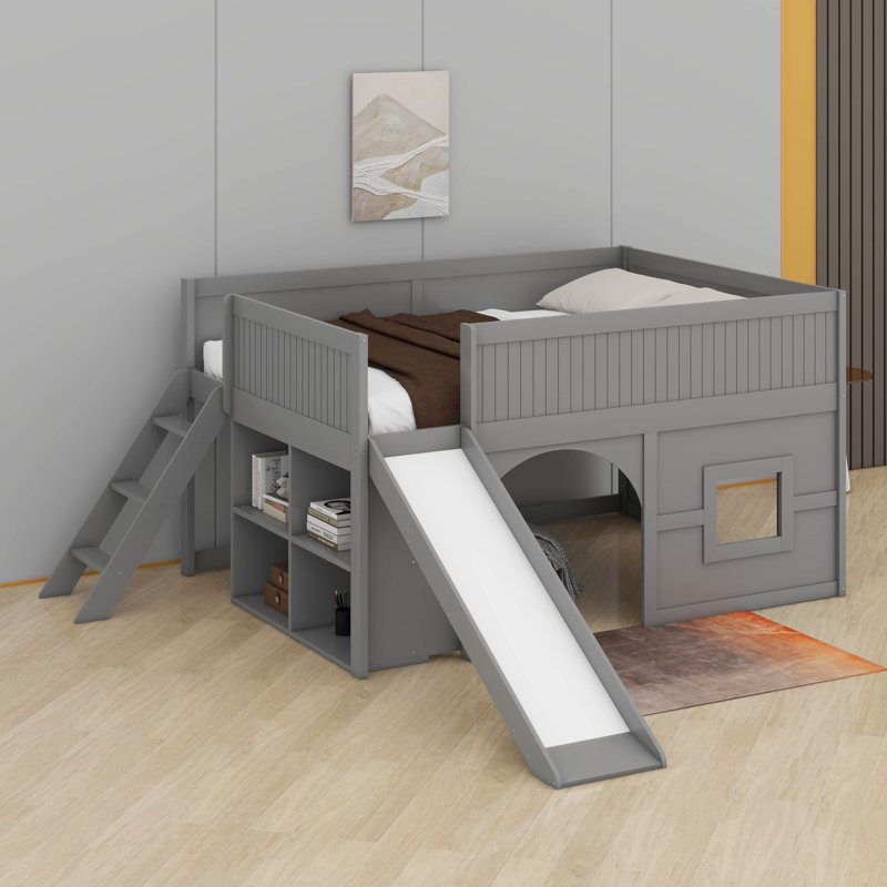 Full Size Wooden Low Loft Bed With Storage Shelves And Slide,Door And Window, Multiple Functions Wooden Low Loft, Gray