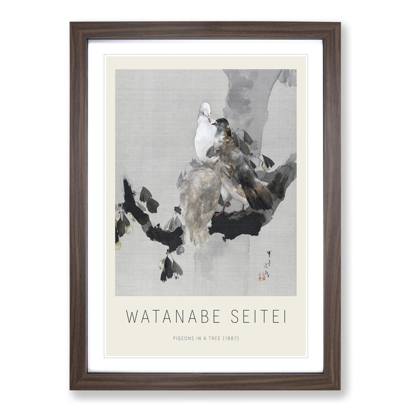 Pigeons in a Tree by Watanabe Seitei - Picture Frame Painting, Walnut, 65cm H x 48cm W x 2cm D