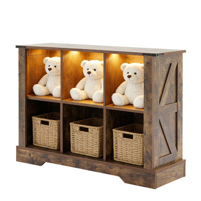 6 Cube Bookcase with Led Lights, Mid-Century Modern Bookshelf, Retro Wood Bookshelves Storage Organizer Shelf, Freestanding Open Book Shelves for Toy Room, Bedroom, Living Room, Office