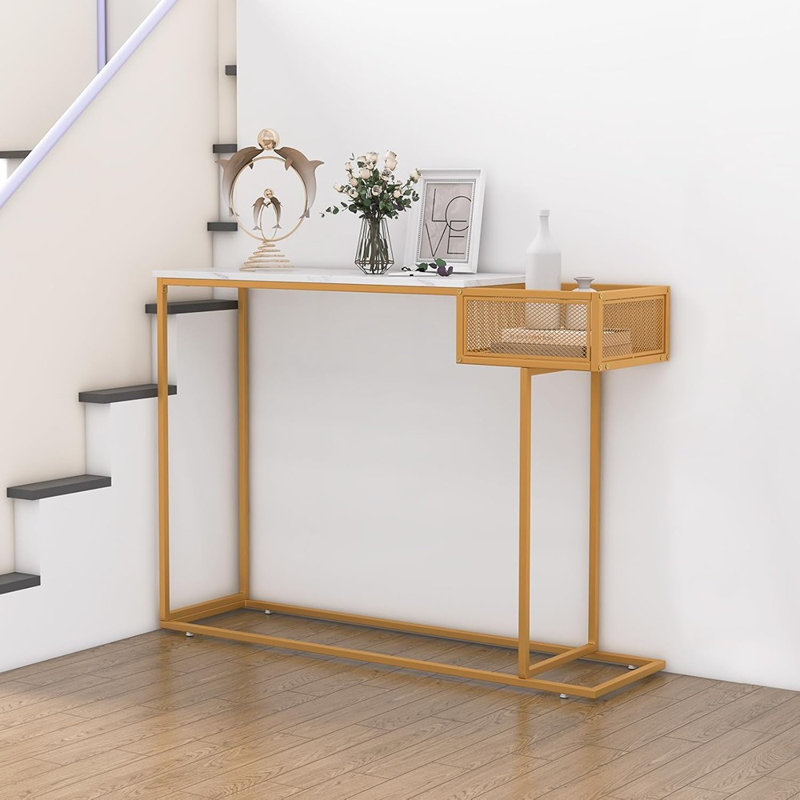 Console étroite avec panier de rangement - doré et blanc