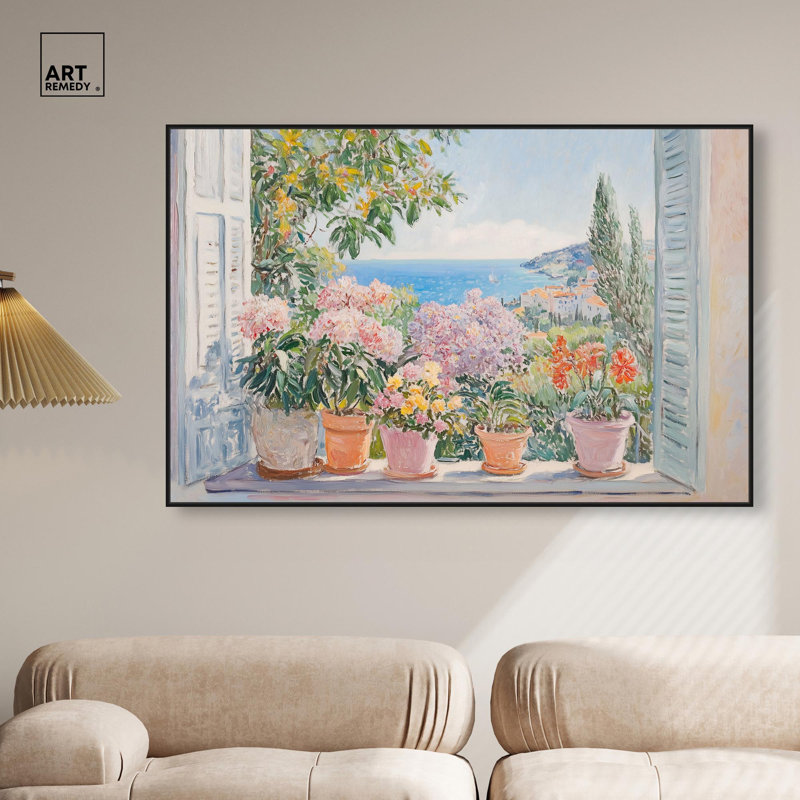 Fleurs méditerranéennes par Art Remedy, H 37 po x l 55 po, Cadre flottant, Noir
