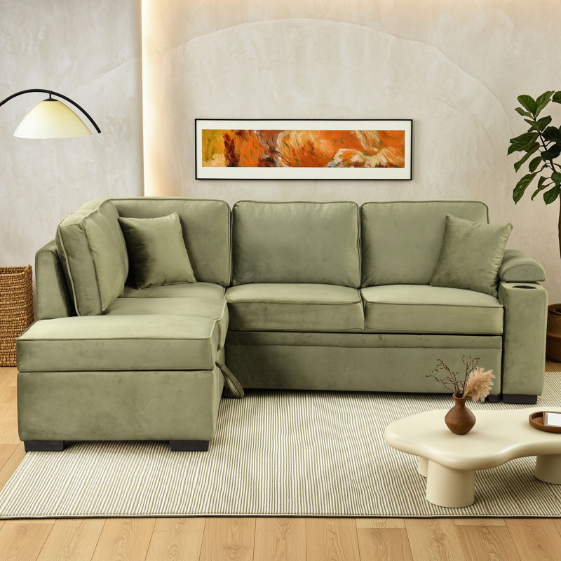 Canapé-lit gigogne 4 places en forme de L avec pouf de rangement, siège en mousse et ressorts ensachés pour salon, Vert