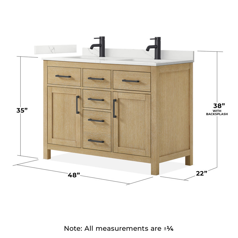 Beckett 48" Freestanding Double Bathroom Vanity with Quartz Top, Whitewashed Oak, Matte Black, Giotto Quartz