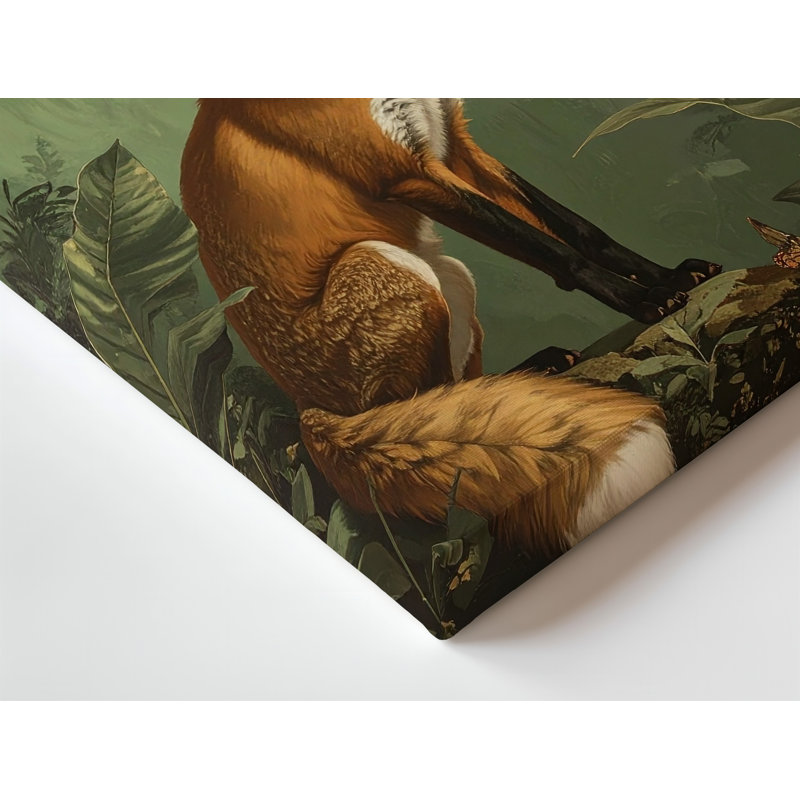 Sur toile, peinture fantaisiste mettant en vedette un renard assis gracieusement contre une forêt luxuriante de qualité supérieure