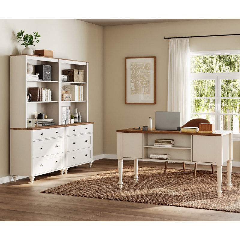 Greison Executive Desk Office Set with Bookcase, Brown/White