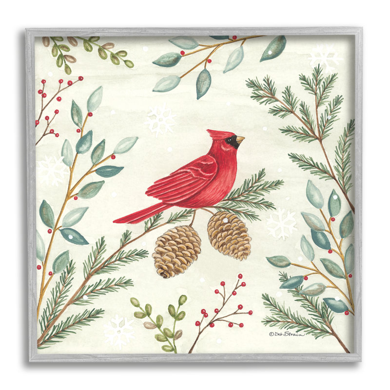 Cardinal et pommes de pin en hiver par Deb Strain, Estampe numérique Farmhouse, H 24 po x l 24 po x P 1,5 po