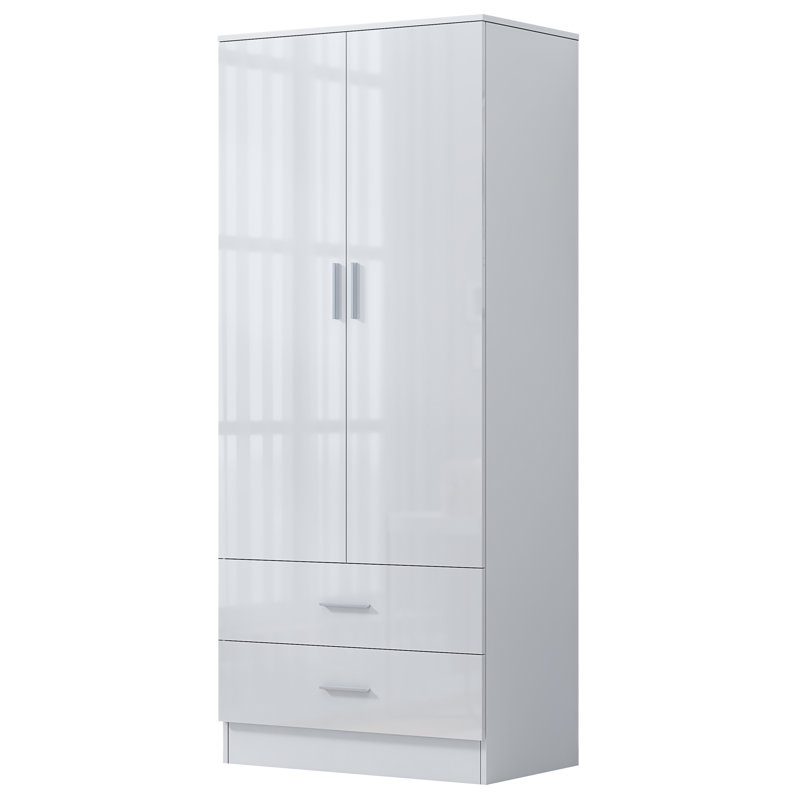 Eva High Gloss 2 Door + 2 Drawer Wardrobe - H: 180cm x D: 47cm x W: 76cm, Matte White/Gloss White
