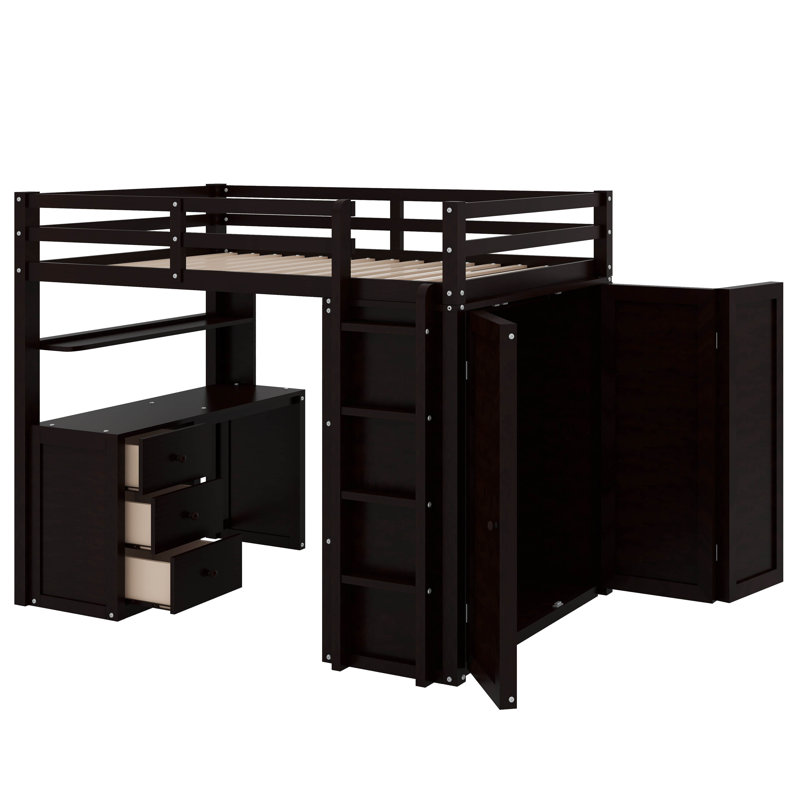 Lit mezzanine avec tiroirs, bureau et garde-robe, Espresso