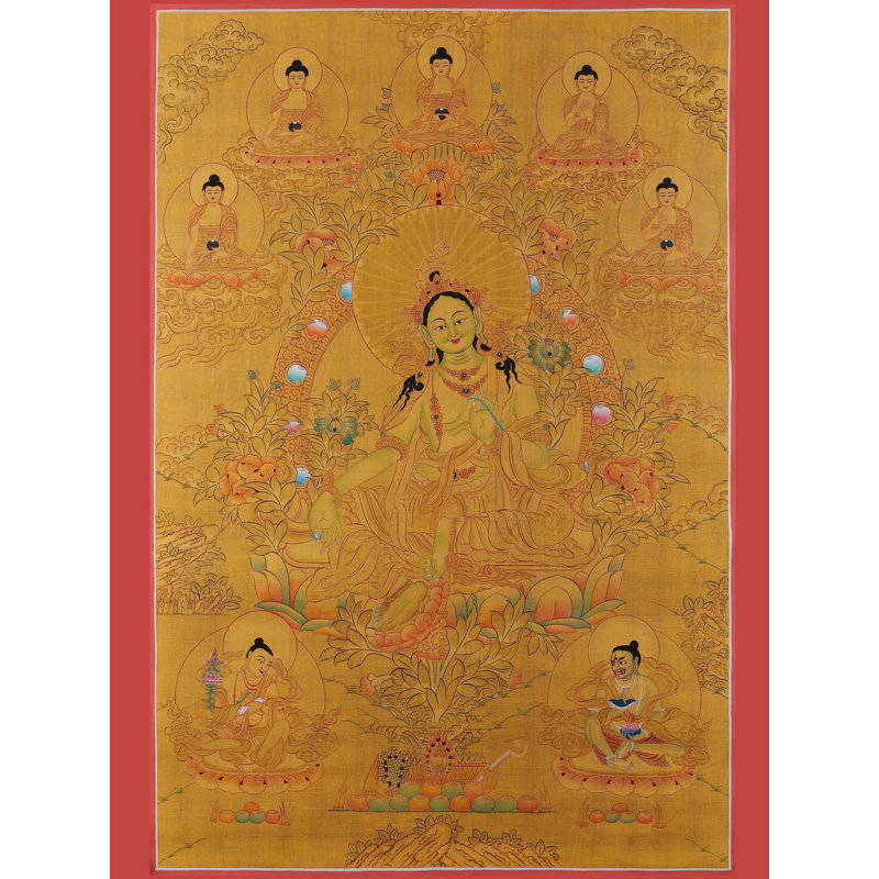 Toile de coton peinte à la main «Épée de la sagesse» - H 26,8 po x l 19,3 po Manjushri avec feuille d'or véritable 24 carats pour des bureaux réfléchis et un décor bohème sophistiqué