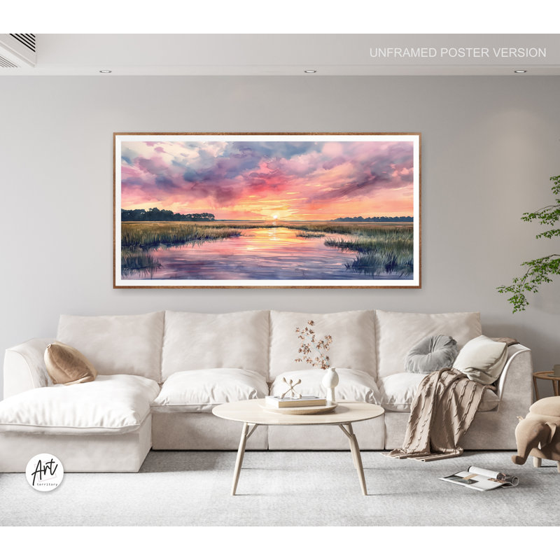 Coucher de soleil aquarelle rose, peinture de paysage, Caroline Lowcountry, décor de ferme, Toile tendue
