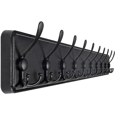 Coat Rack Wall Mounted - 38.3'' Long, Wooden, Heavy Duty, Rustic Coat Hooks for Wall, 16'' Hole to Hole, Wall Coat Rack with 10 Triple Hooks for Hanging Clothes, Jacket, Hat(Black)