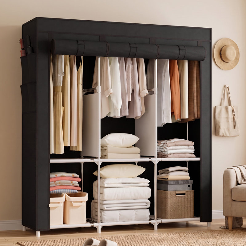 Garde-robe portatif, support à vêtements avec 3 tringles, 6 tablettes de rangement et une poche latérale, Noir