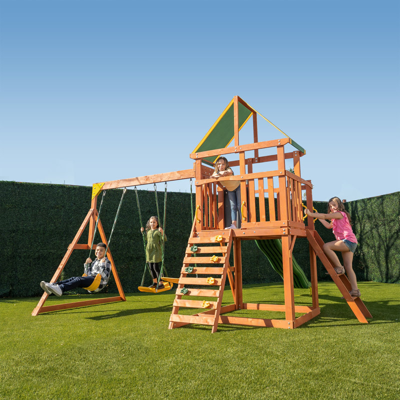 Olympia Natural Wood Swing Set with Green Slide and Fort