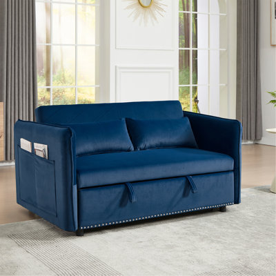 3 In 1 Convertible Sleeper Futon Sofa Bed, 55" Velvet Small Loveseat Lounge Couches With 2 Pillows, Reclining Backrest, Side Pockets For Living Room, Pull-Out Couch