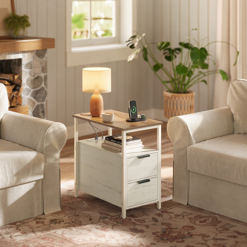 Side End Table With Charging Station, Slim Nightstand With 2 Drawers, Narrow Bedside Table For Living Room, Small Spaces
