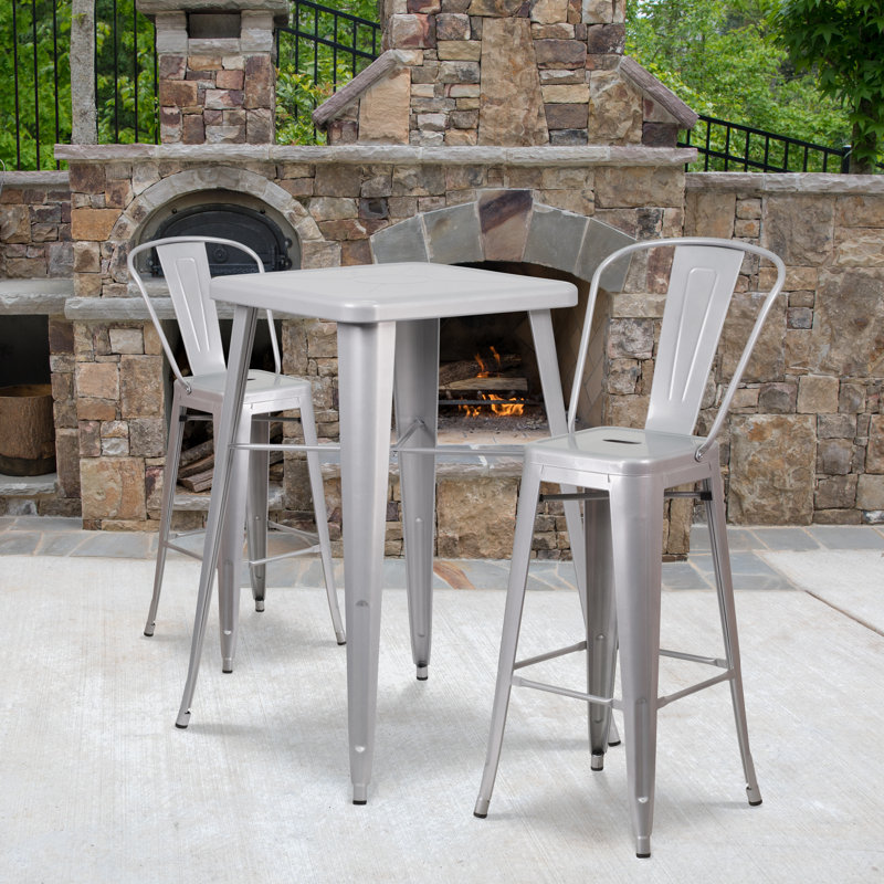 Toquerville Square Metal Indoor-Outdoor Bar Table Set with 2 Stools with Backs, Silver